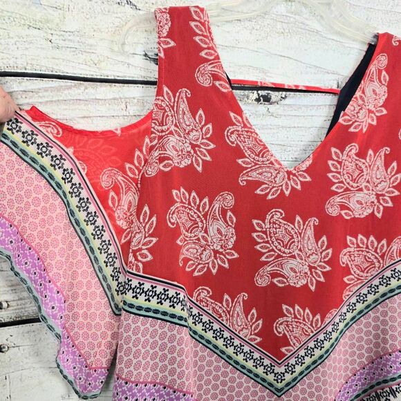 DR2 Coral Boho Print V-Neck Hanky Hem Tank M - Picture 2 of 11